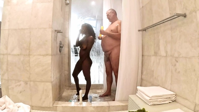 Sexy Petite Ebony MILF Taking a Shower with Sugar Daddy at His Penthouse