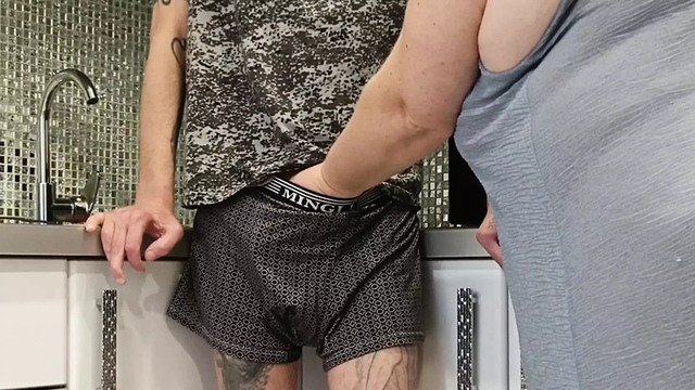 my mother-in-law sucks my dick in the kitchen and I cum in her mouth